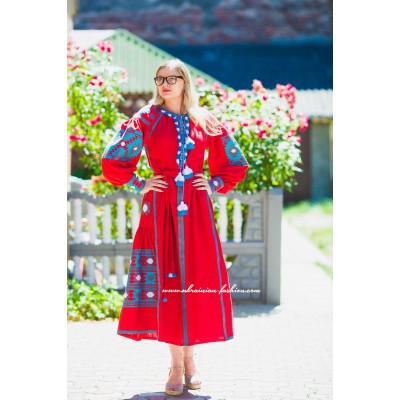 Boho Style Embroidered Midi Dress Red with Blue/White Embroidery